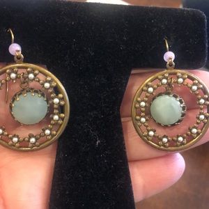 Antiqued Gold Mint Alabaster & Rose Quartz Hoop Earrings-Boutique